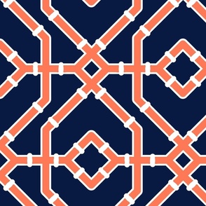 Preppy spring  bamboo trellis - papaya orange on midnight blue, navy - chinoiserie - extra large 