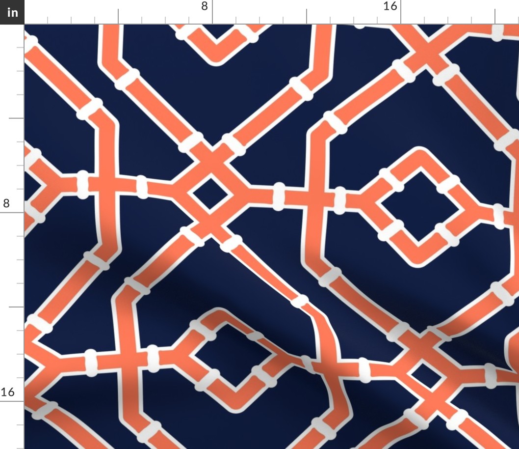 Preppy spring  bamboo trellis - papaya orange on midnight blue, navy - chinoiserie - extra large 