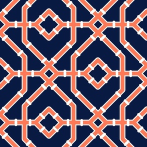 Preppy spring  bamboo trellis - papaya orange on midnight blue, navy - chinoiserie - large 