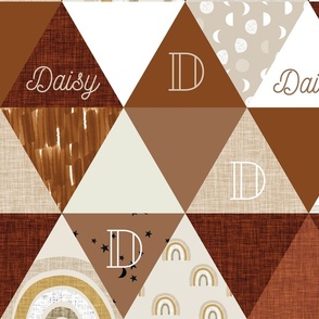 Daisy: Nickainley Font on 6" triangle wholecloth: stars and moons 876 black, soft gold on latte linen stars and moons, cinnamon watercolor strokes, 13-2 salted watercolor stripes, beige + tan linen rainbow, 13-2 speckled moon phases, penny, sable,