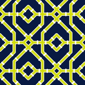 Preppy spring  bamboo trellis - midnight blue and chartreuse, lime green - chinoiserie - large
