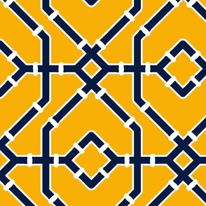 Preppy spring  bamboo trellis - midnight blue on marigold yellow - chinoiserie - extra large 