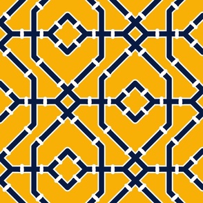 Preppy spring  bamboo trellis - midnight blue on marigold yellow - chinoiserie - large 