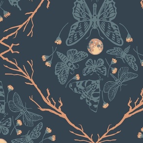 Full Moon Flight: Halloween Aesthetic Autumn Moths and Butterflies in a full moon night sky (large 24-inch wide repeat)