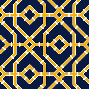 Preppy spring  bamboo trellis - marigold yellow on midnight blue - chinoiserie - large 