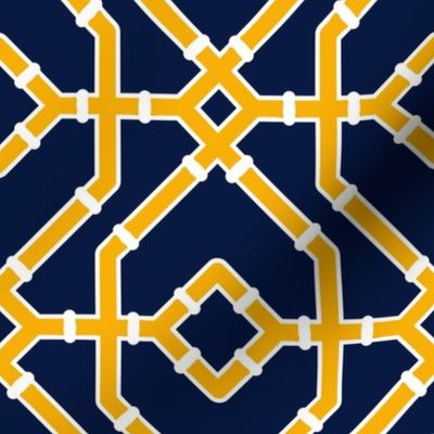 Preppy spring  bamboo trellis - marigold yellow on midnight blue - chinoiserie - medium