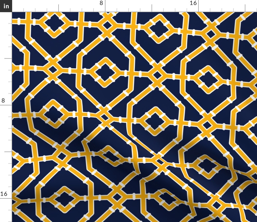 Preppy spring  bamboo trellis - marigold yellow on midnight blue - chinoiserie - medium