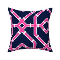 Preppy spring  bamboo trellis - hot pink on midnight blue - chinoiserie - extra large 