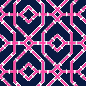 Preppy spring  bamboo trellis - hot pink on midnight blue - chinoiserie - large 
