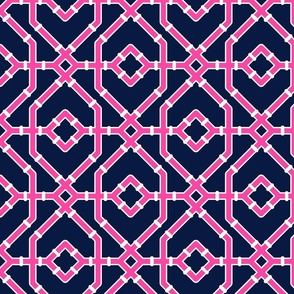 Preppy spring  bamboo trellis - hot pink on midnight blue - chinoiserie - medium