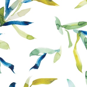Watercolor leaves green and blue on white large scale