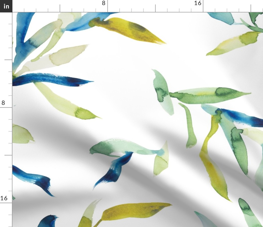 Watercolor leaves green and blue on white large scale