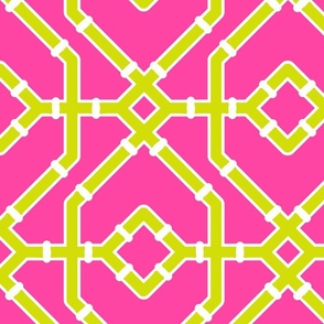 Preppy spring  bamboo trellis - chartreuse on hot pink - chinoiserie - extra large 