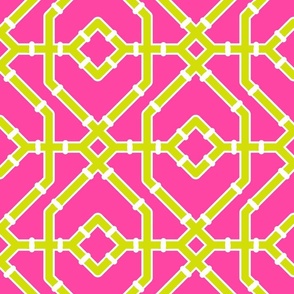 Preppy spring  bamboo trellis - chartreuse on hot pink - chinoiserie - large 