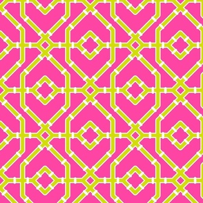 Preppy spring  bamboo trellis - chartreuse on hot pink - chinoiserie - medium