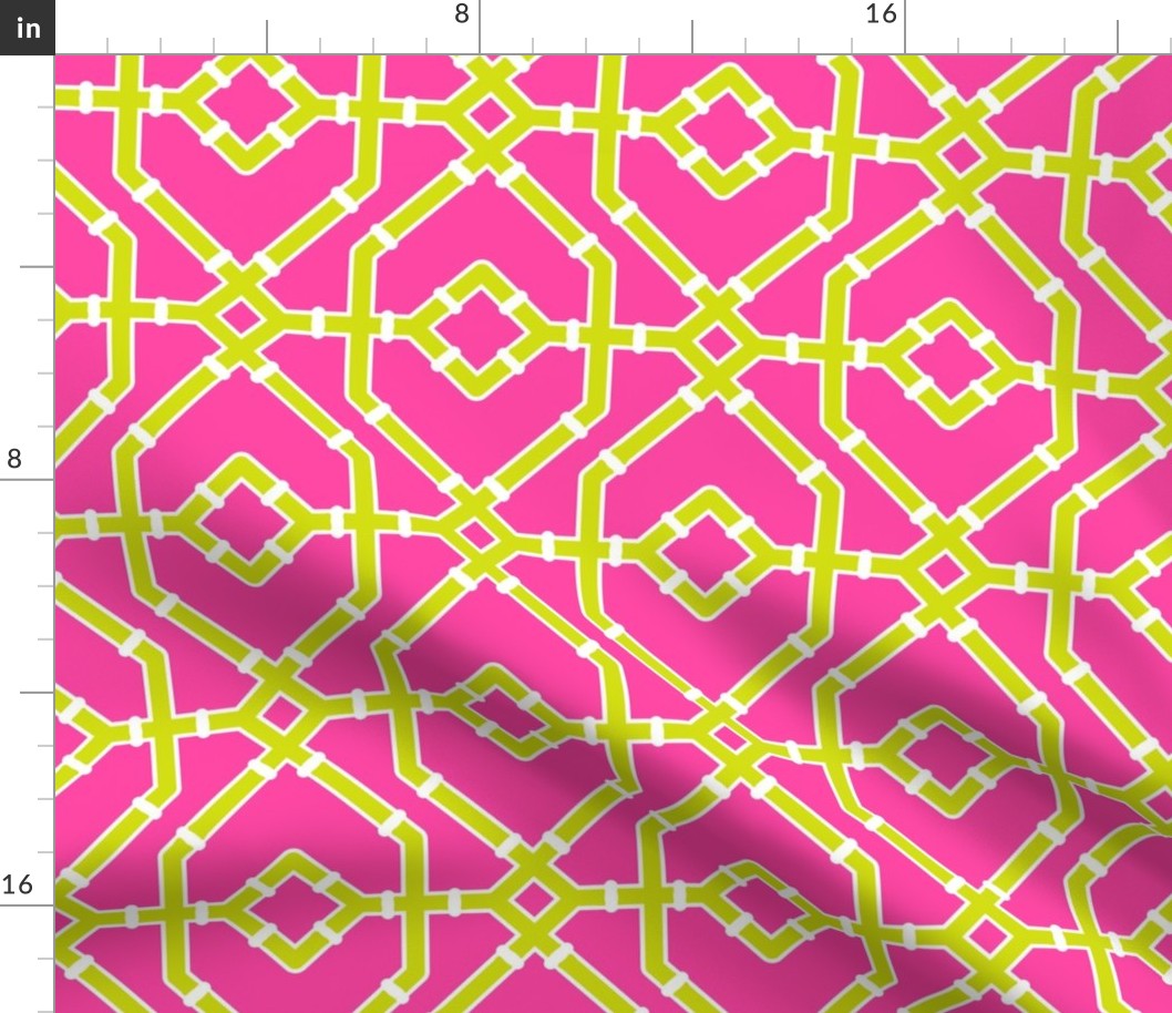 Preppy spring  bamboo trellis - chartreuse on hot pink - chinoiserie - medium