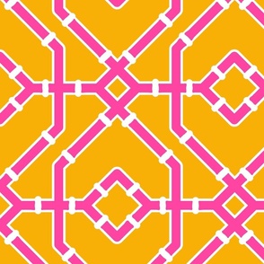 Preppy spring  bamboo trellis - hot pink on marigold yellow - bright chinoiserie - extra large 