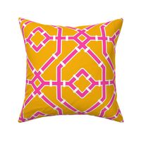 Preppy spring  bamboo trellis - hot pink on marigold yellow - bright chinoiserie - large 