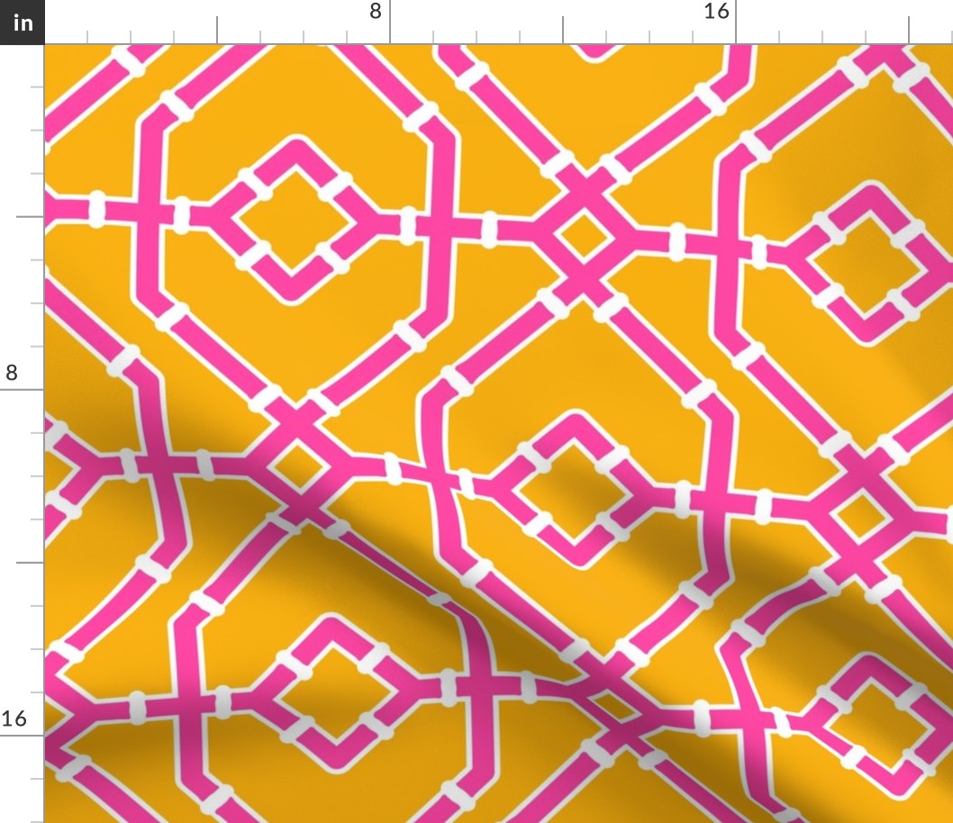 Preppy spring  bamboo trellis - hot pink on marigold yellow - bright chinoiserie - large 