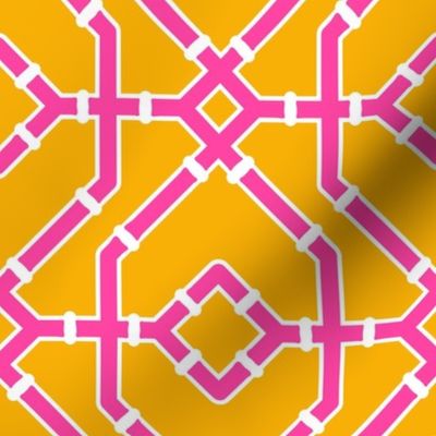 Preppy spring  bamboo trellis - hot pink on marigold yellow - bright chinoiserie - medium