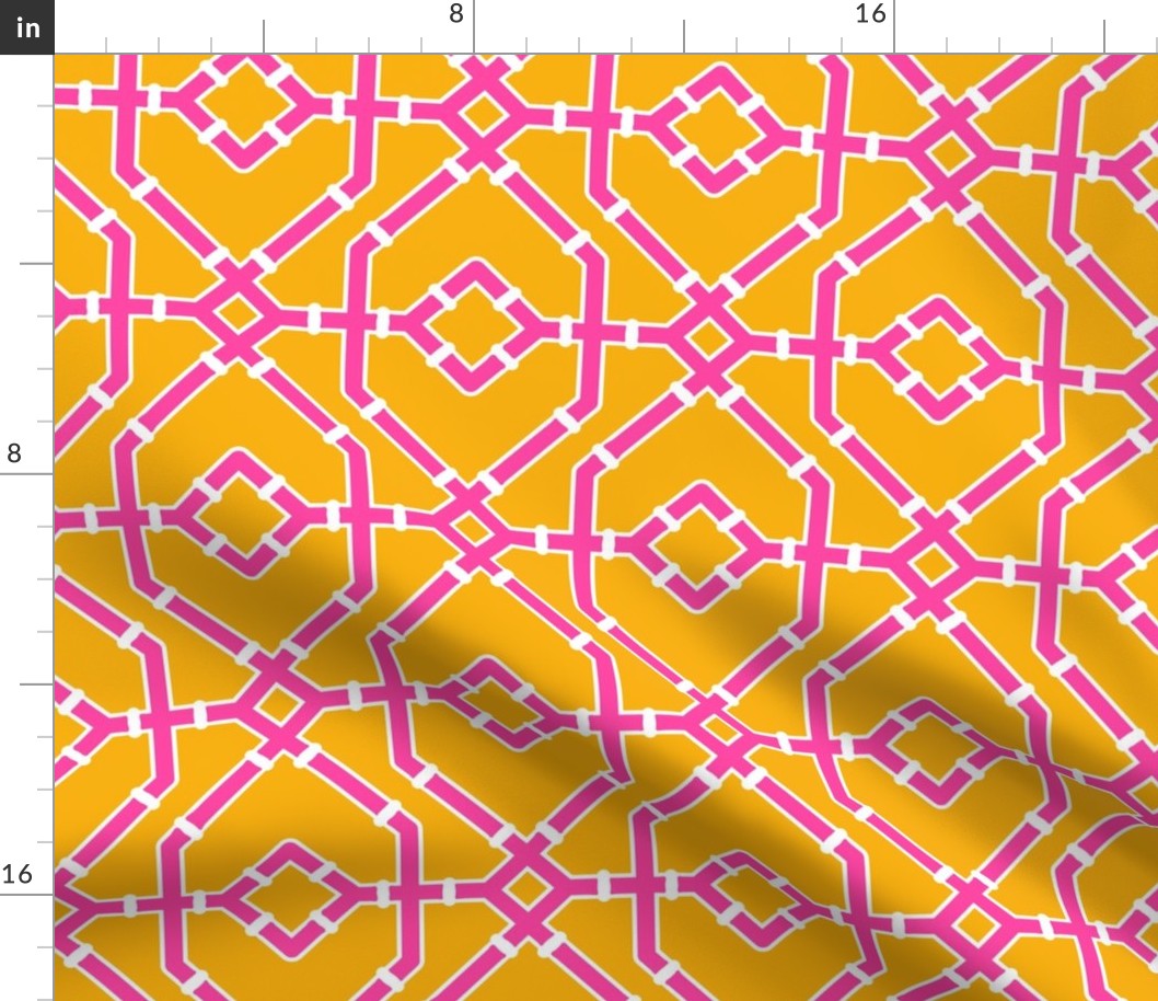 Preppy spring  bamboo trellis - hot pink on marigold yellow - bright chinoiserie - medium