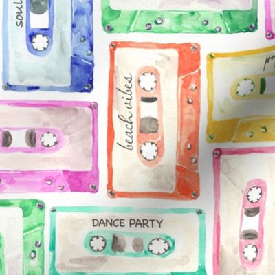 Colorful cassettes watercolors over white backgroound