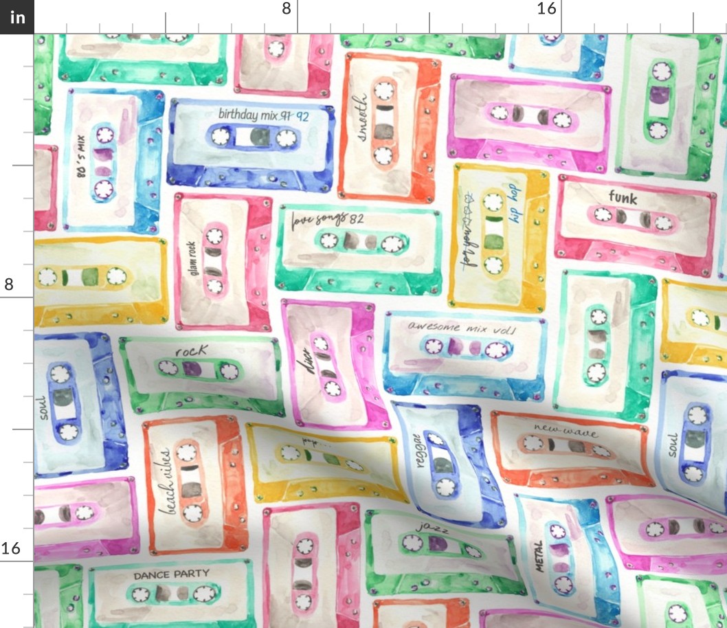 Colorful cassettes watercolors over white backgroound
