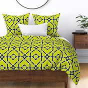 Preppy spring  bamboo trellis - midnight blue on chartreuse - bright chinoiserie - extra large