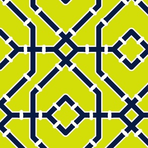 Preppy spring  bamboo trellis - midnight blue on chartreuse - bright chinoiserie - extra large