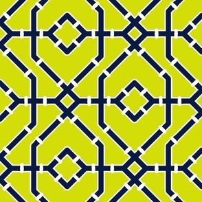 Preppy spring  bamboo trellis - midnight blue on chartreuse - bright chinoiserie - large