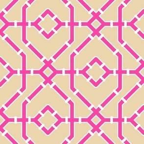 Preppy spring  bamboo trellis -hot pink on sand - bright chinoiserie - large
