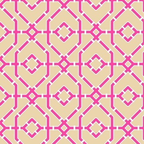 Preppy spring  bamboo trellis - hot pink on sand - bright chinoiserie - medium