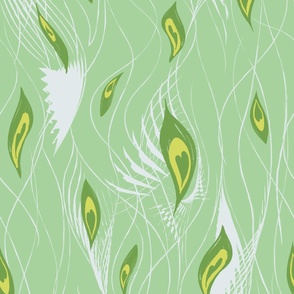 Peacock Abstract Curtain in Green Yellow Grey Light - LARGE
