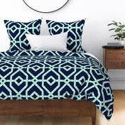 Preppy spring  bamboo trellis - mint on midnight blue - bright chinoiserie - extra large