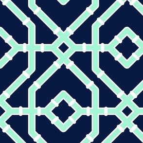 Preppy spring  bamboo trellis - mint on midnight blue - bright chinoiserie - extra large