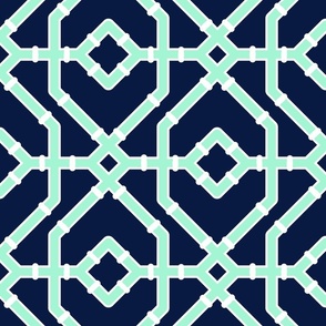 Preppy spring  bamboo trellis - mint on midnight blue - bright chinoiserie - large