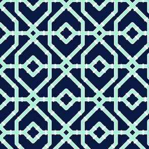 Preppy spring  bamboo trellis - mint on midnight blue - bright chinoiserie - medium