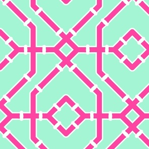 Preppy spring  bamboo trellis - hot pink on mint green - bright chinoiserie - extra large