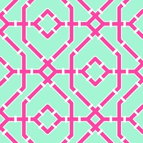 Preppy spring  bamboo trellis - hot pink on mint green - bright chinoiserie - large