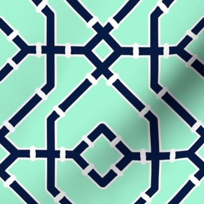 Preppy spring  bamboo trellis -midnight blue on mint green - bright chinoiserie - extra large