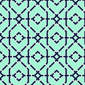 Preppy spring  bamboo trellis -midnight blue on mint green - bright chinoiserie - extra large