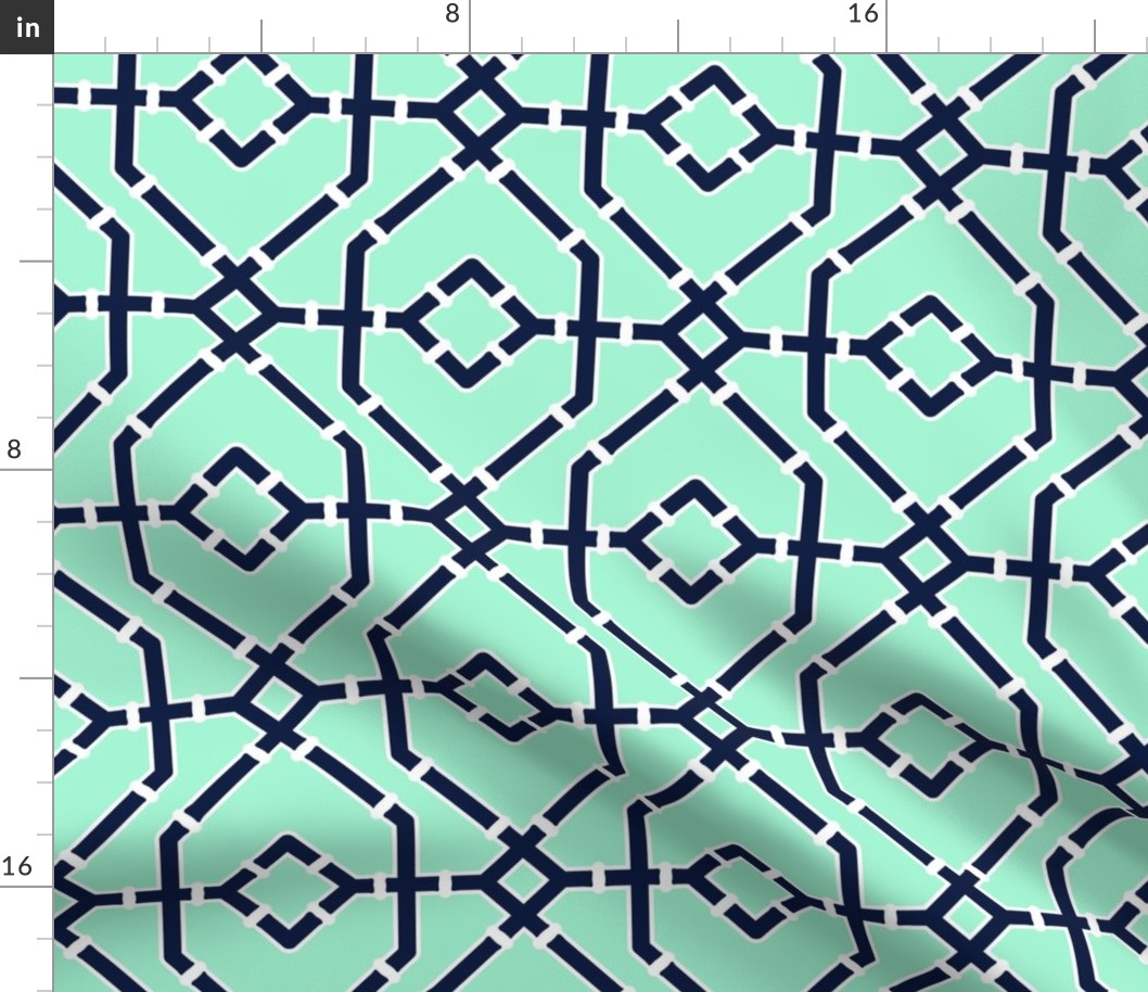 Preppy spring  bamboo trellis -midnight blue on mint green - bright chinoiserie - extra large