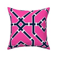 Preppy spring  bamboo trellis -midnight blue on hot pink - bright chinoiserie - large