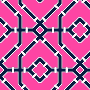 Preppy spring  bamboo trellis -midnight blue on hot pink - bright chinoiserie - large