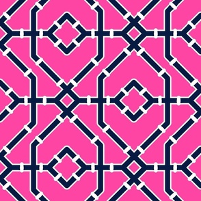 Preppy spring  bamboo trellis -midnight blue on hot pink - bright chinoiserie - medium