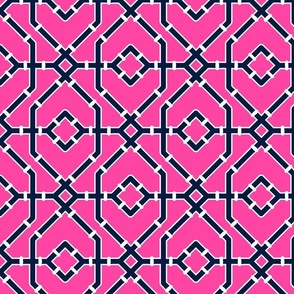 Preppy spring  bamboo trellis -midnight blue on hot pink - bright chinoiserie - medium