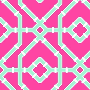Preppy spring  bamboo trellis - mint green on hot pink - bright chinoiserie - extra large