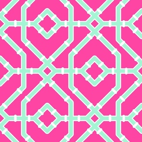 Preppy spring  bamboo trellis - mint green on hot pink - bright chinoiserie - large