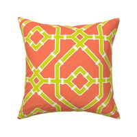 Preppy spring  bamboo trellis - chartreuse on papaya orange - bright chinoiserie - large