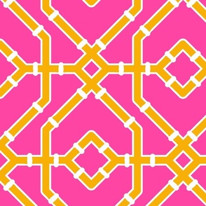 Preppy spring  bamboo trellis - marigold on hot pink - bright chinoiserie - extra large
